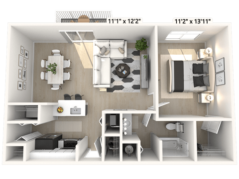Floor plan for 1 bed, 1 bath, 707 sqft